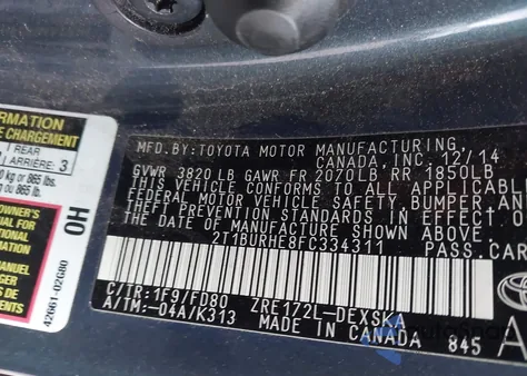 2015 Toyota Corolla S Plus из США, поврежденный, VIN 2T1BURHE8FC334311